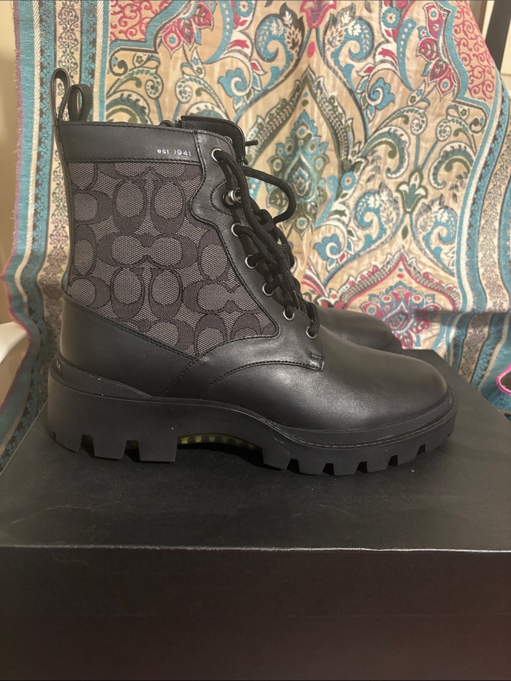 Coach 1941 Men’s Black Signature Combat boots- Lace Up and Side Zip🖤